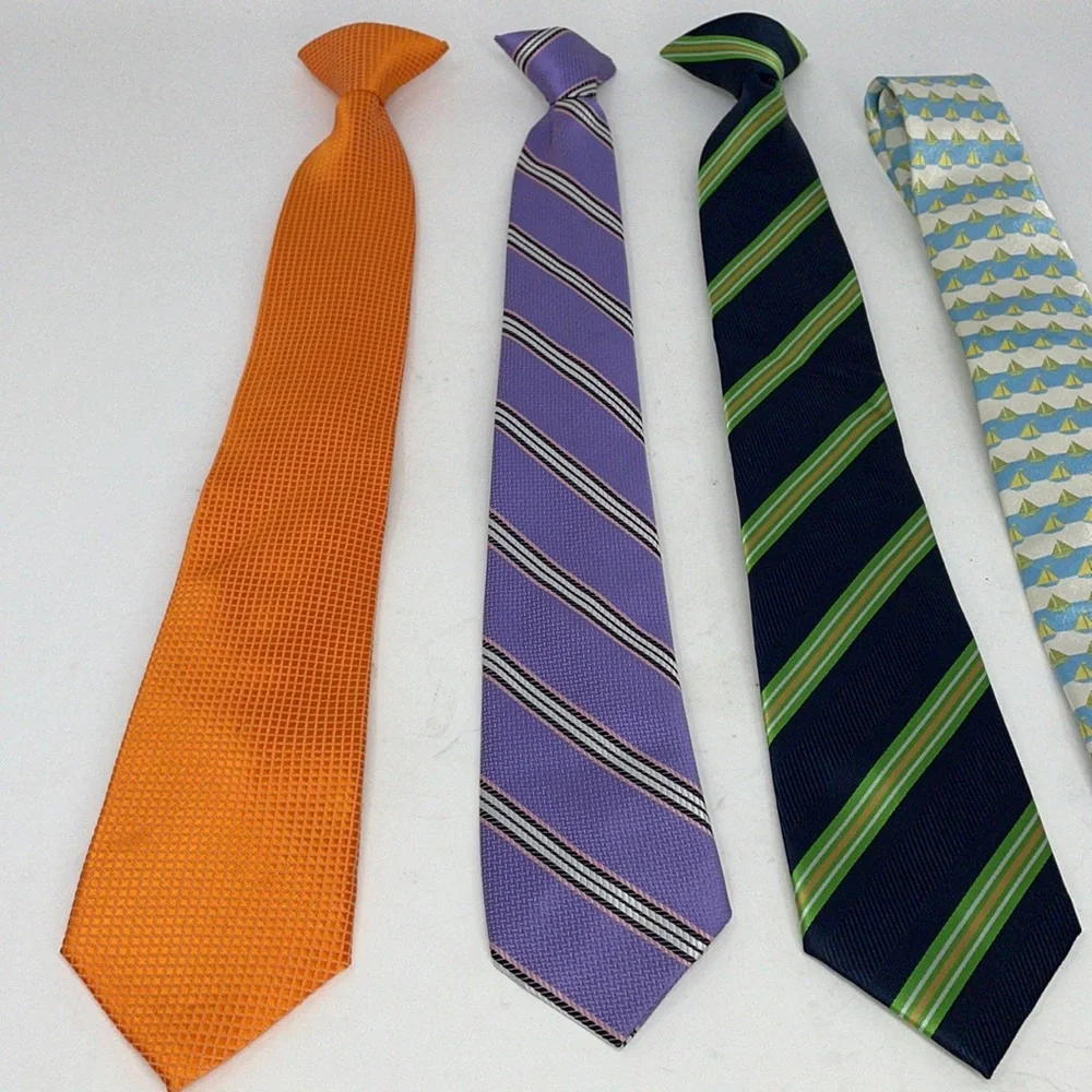 Lot of 4 Ties - 3 are clip on Orange, Purple/Pink, Blue/Green Sail Boat Blue